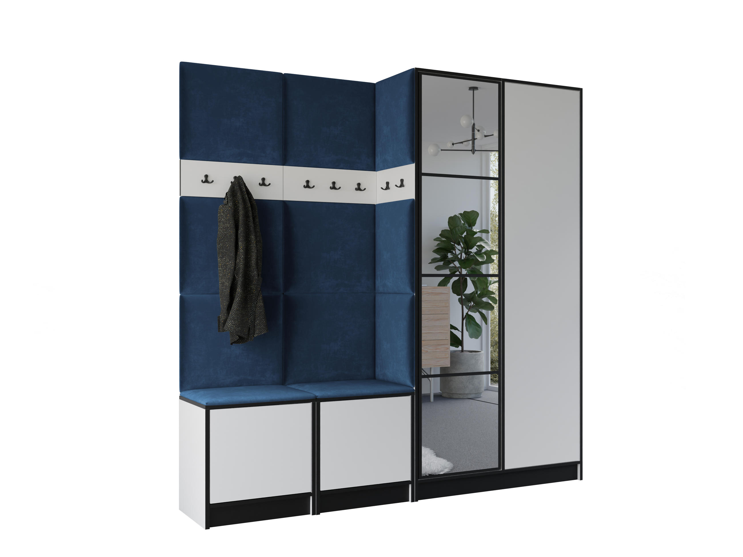 GARDEROBENSCHRANK EDEN 21 mit Spiegel - Weiß & Stoff Blau - Blau/Weiß, Holzwerkstoff (211/205/39cm) - Kier Furniture