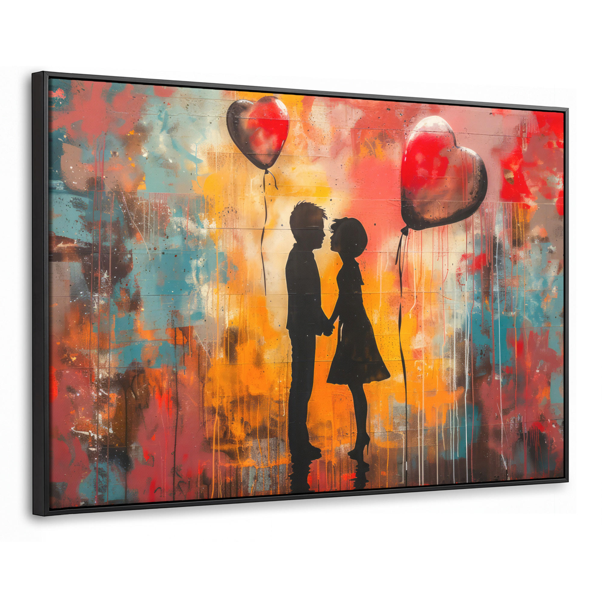 LEINWAND Bilder mit Rahmen - Straßenkunst - Liebe - Graffiti - Kunst - Banksy - 120x80 - Orange, Textil (120/80cm) - MuchoWow