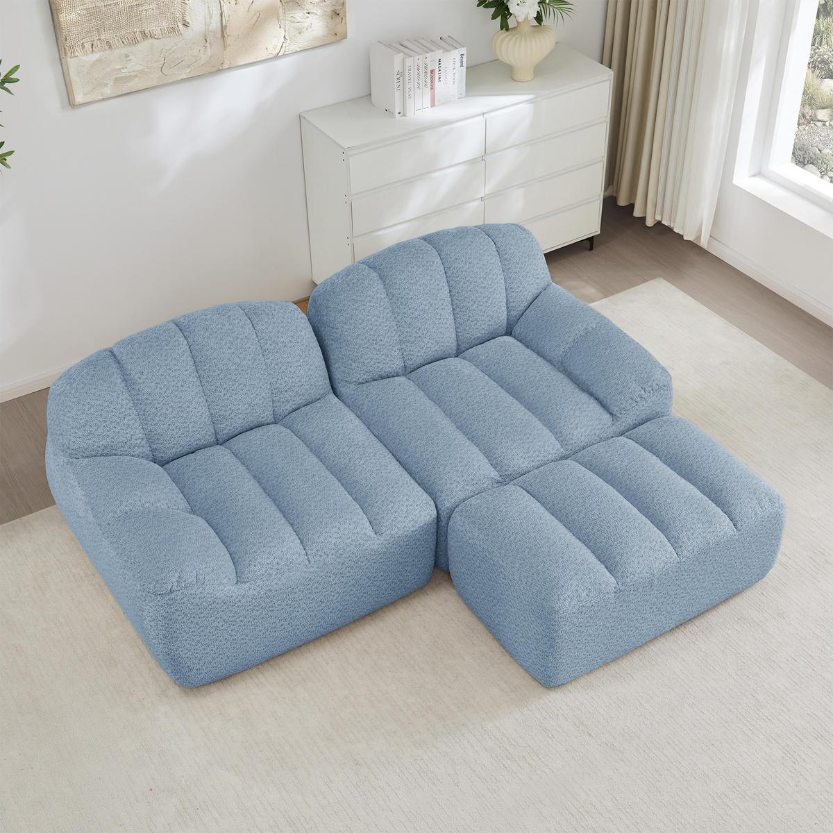 ECKSOFA 210×165×79 cm Granular Fleece rahmenlos modular mit 1 Ottoman, blau - Blau, Textil (165/210cm) - Luhomfu