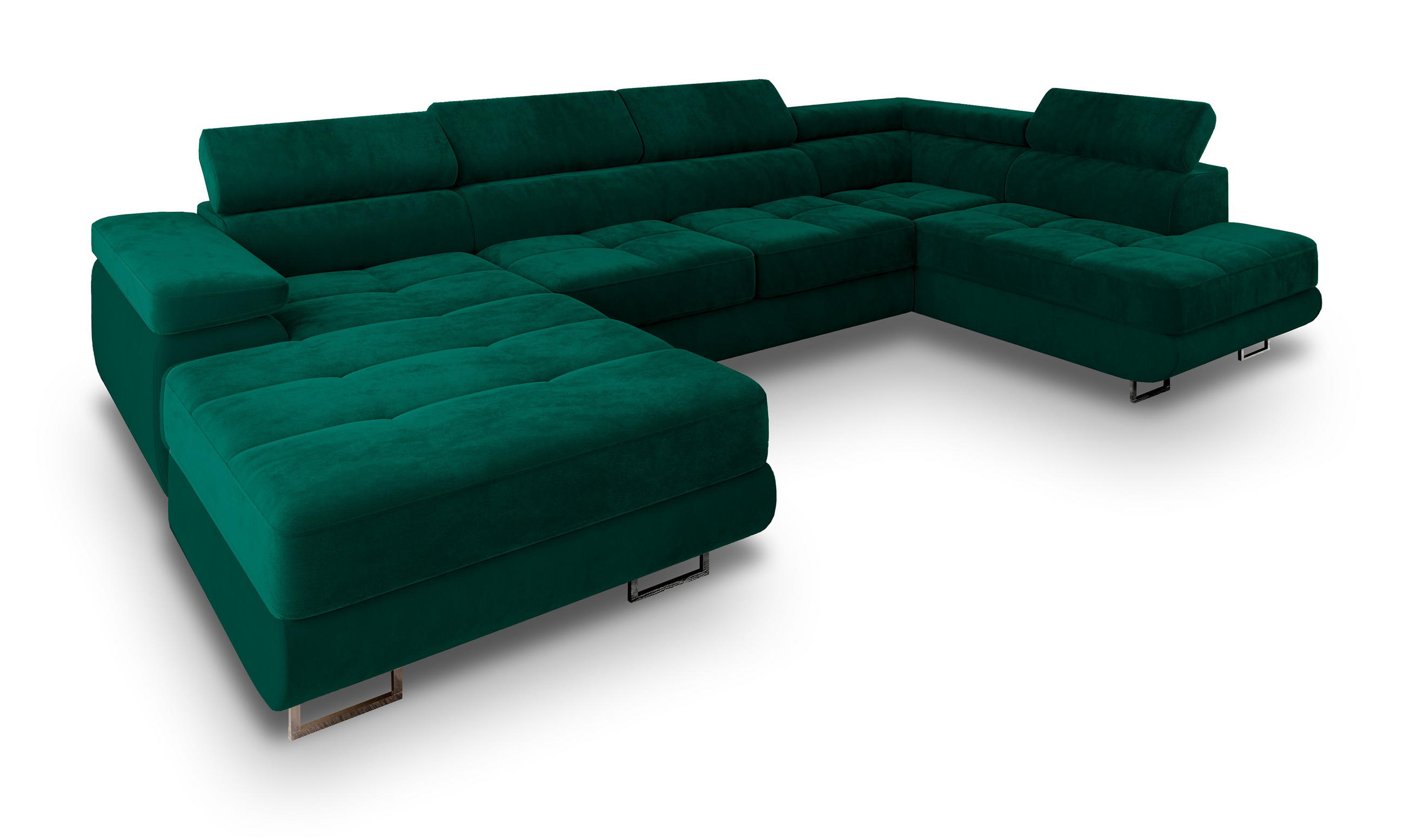 WOHNLANDSCHAFT CASONE R-S Grün Velours-Stoff mit Schlaffunktion - Grün, Holz (345/90/202cm) - MASSENO