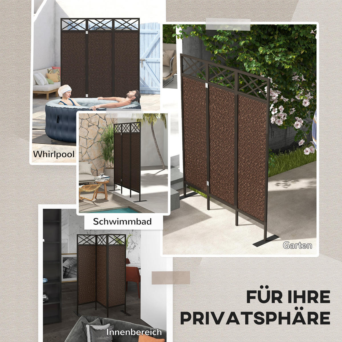 PARAVANT, PE-Rattan, Stahl, Braun - Braun, Metall (33/181/148cm) - Outsunny