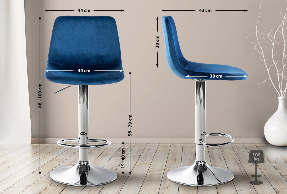 BARHOCKER Samt blau - Chromfarben/Blau, Textil/Metall (44/88/43cm) - CLP