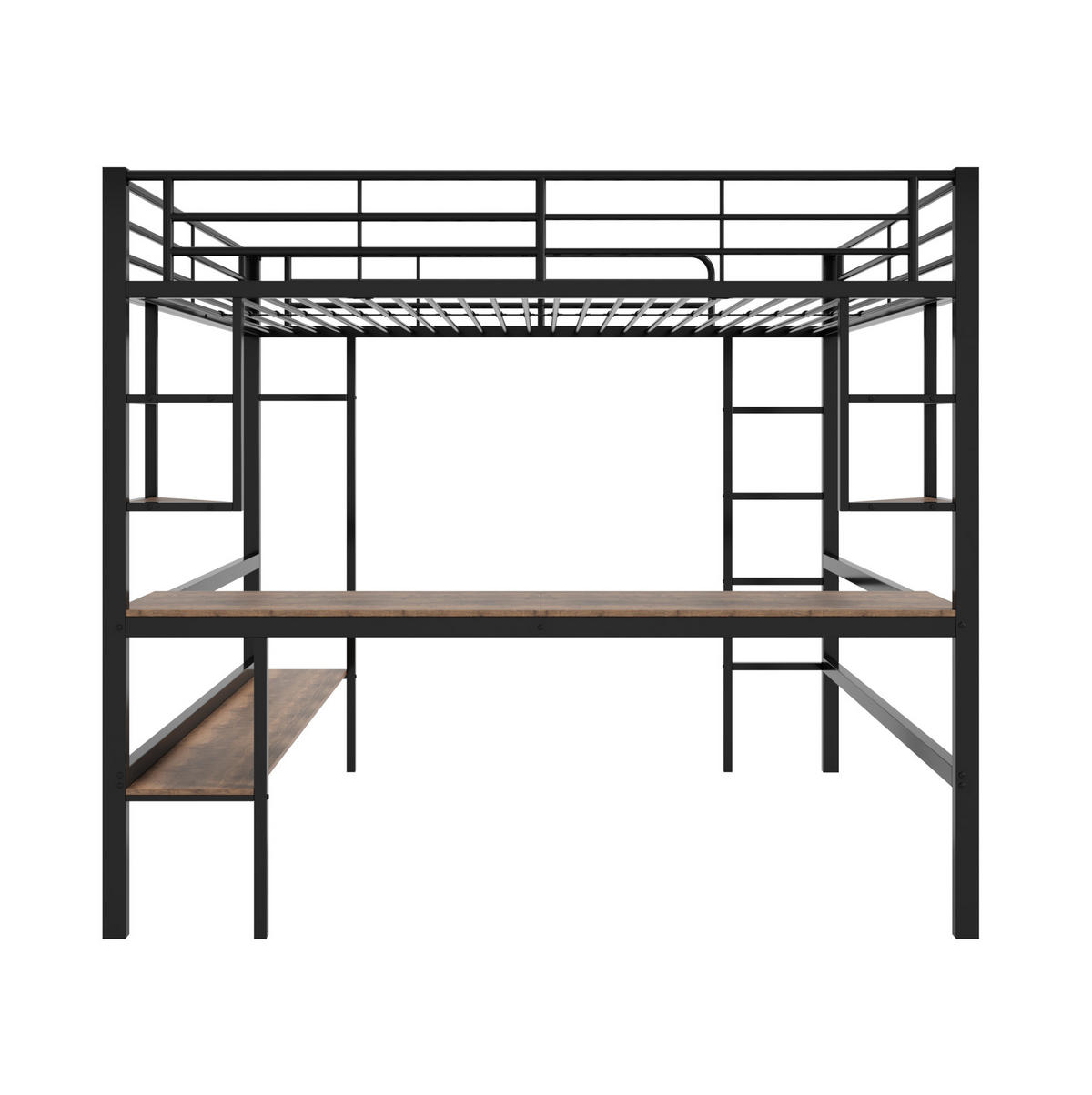 HOCHBETT aus Metall und MDF 140x200 cm Schwarz mit Schreibtisch, Regalen und Bücherregal - Schwarz, Metall (90/200cm) - Modfu