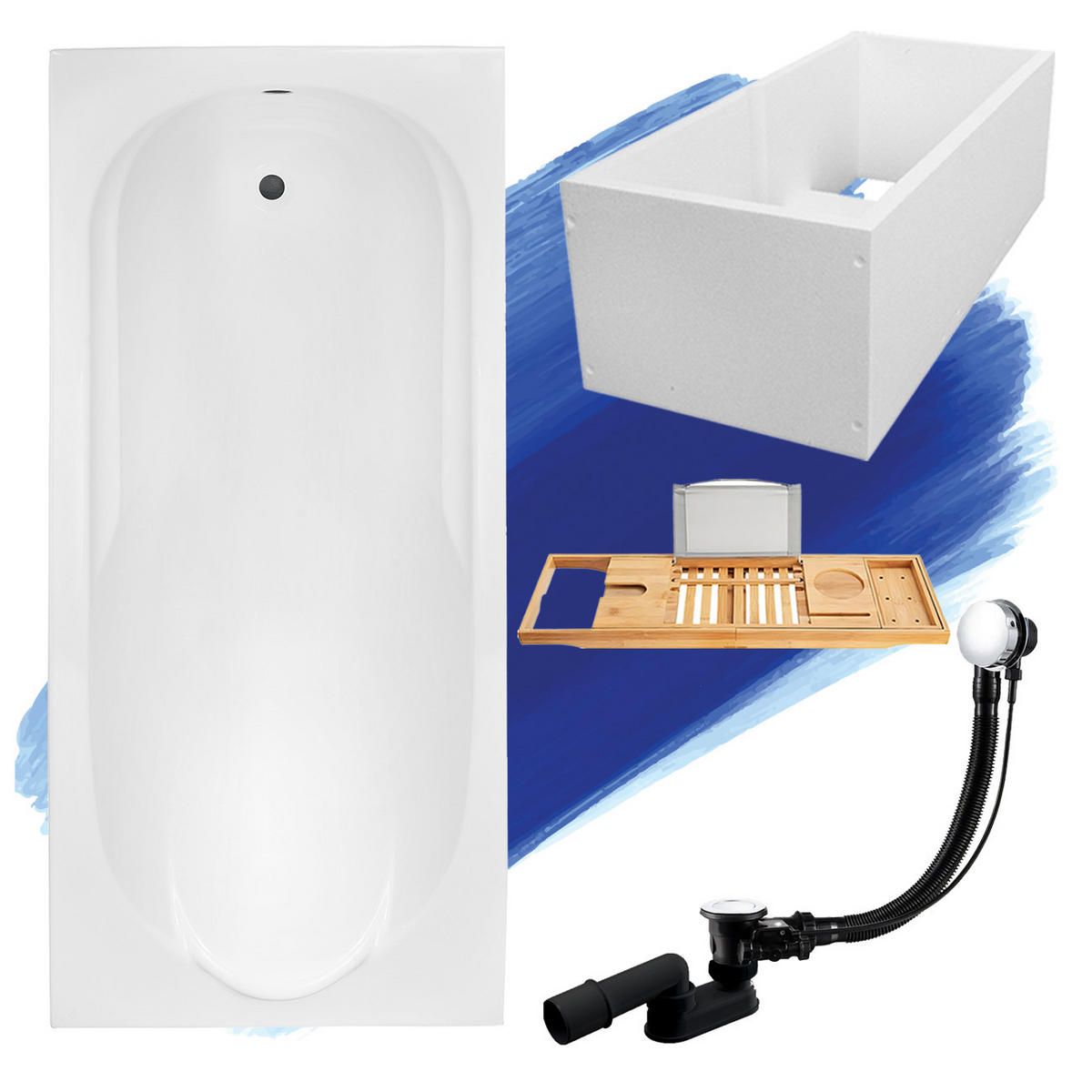 BADEWANNE Rechteck BONA 180/80 + Träger + Ablage Ablauf Füße - Weiß, Kunststoff (80/58.5/180cm) - bad land