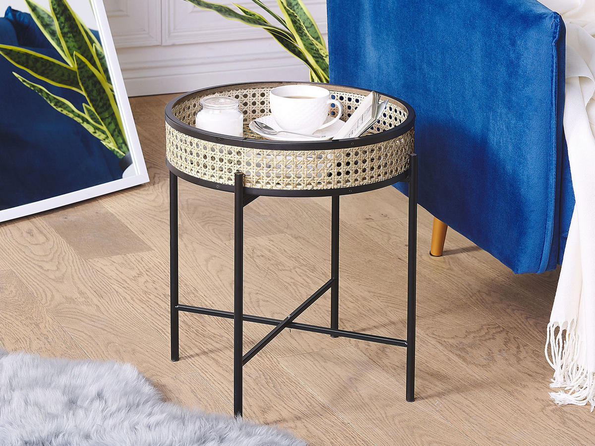 BEISTELLTISCH Rattan/Metall schwarz 36 cm Vienna - Beige/Schwarz, Metall (36/36/43cm) - Beliani