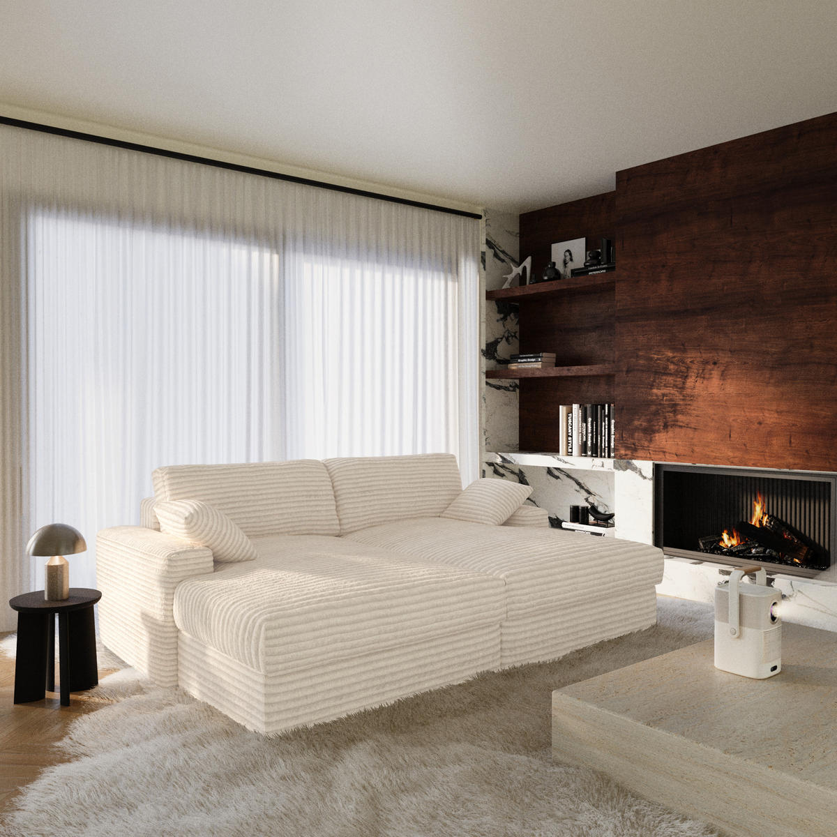 SOFA PLUM XXL-Cord Creme 260cm - Creme, Textil (260/83/155cm) - Premium Interiors