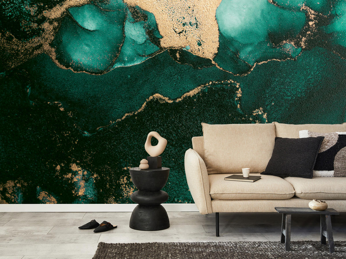 FOTOTAPETE für Küche Abstrakter Türkiser Marmor Goldimitation Modern 150x105 - Türkis, Papier (150/105cm) - Muralo