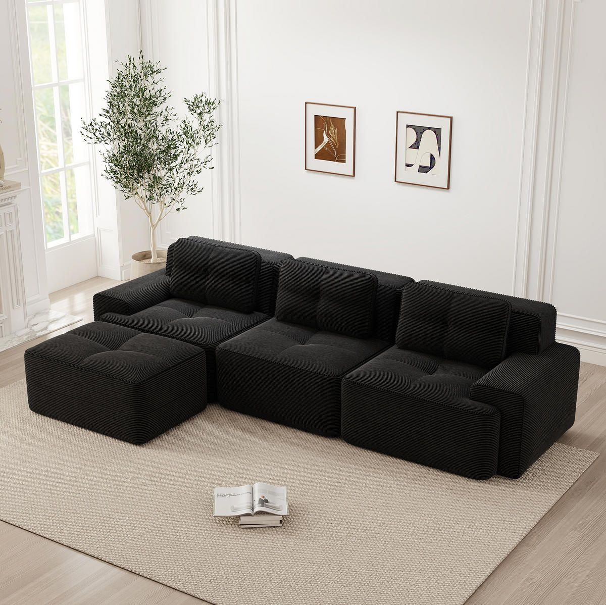 ECKSOFA aus Cord in Schwarz mit modularem Design - Schwarz, Textil (177/293cm) - Modfu