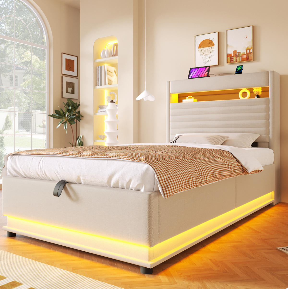 POLSTERBETT 90/200 cm mit LED-Beleuchtung, USB- und Typ-C-Anschluss, hydraulischem Stauraum aus Leinen, Beige - Beige, Textil (90/200cm) - Redom