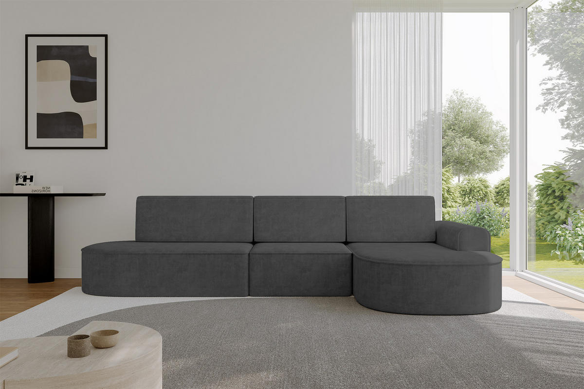 ECKSOFA mit Schlaffunktion Ottomane RECHTS MARI L2-S 368X167X85 Dunkelgrau Velours - Dunkelgrau/Schwarz, Holzwerkstoff/Kunststoff (167/368cm) - ALTDECOR