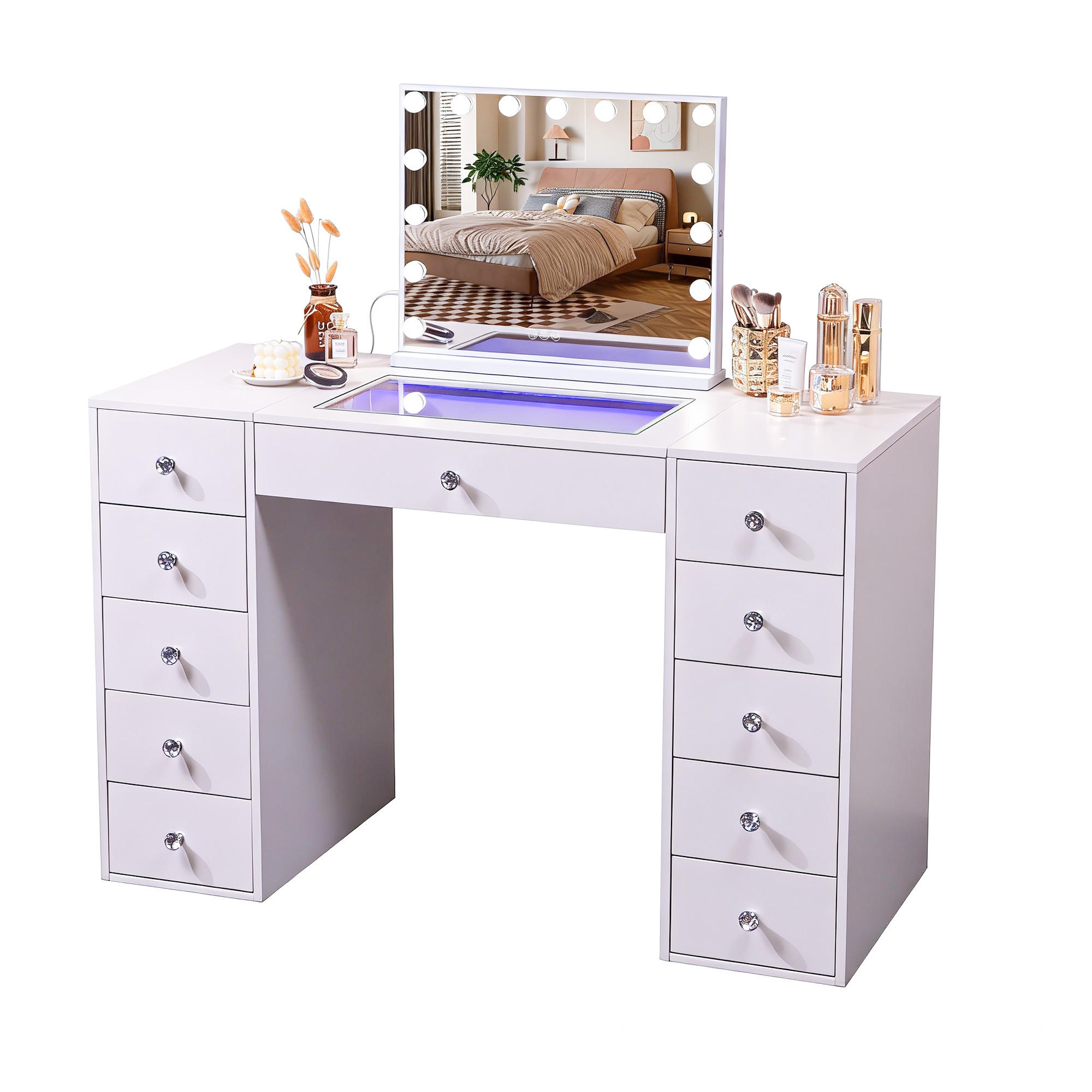 SCHMINKTISCH mit 11 Schubladen 130/55/81 CM und LED Beleuchtung Schminkspiegel 58 x 46 CM - Weiß, Holz/Metall (130/81/55cm) - VANITII