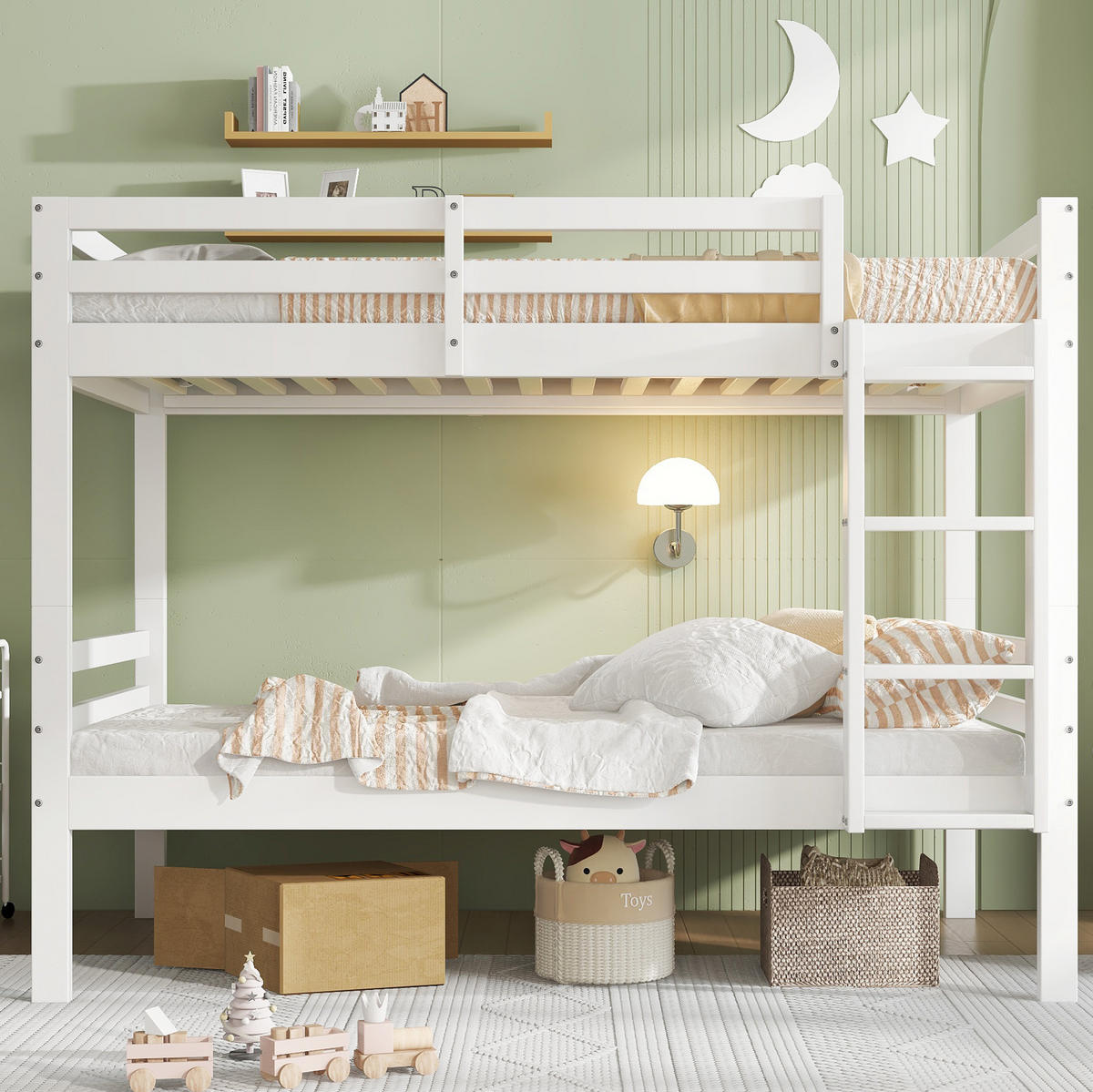 ETAGENBETT 90/200 cm Weiß aus Kiefer mit Absturzsicherung und Winkelleiter - Weiß, Holzwerkstoff (90/200cm) - OKWISH