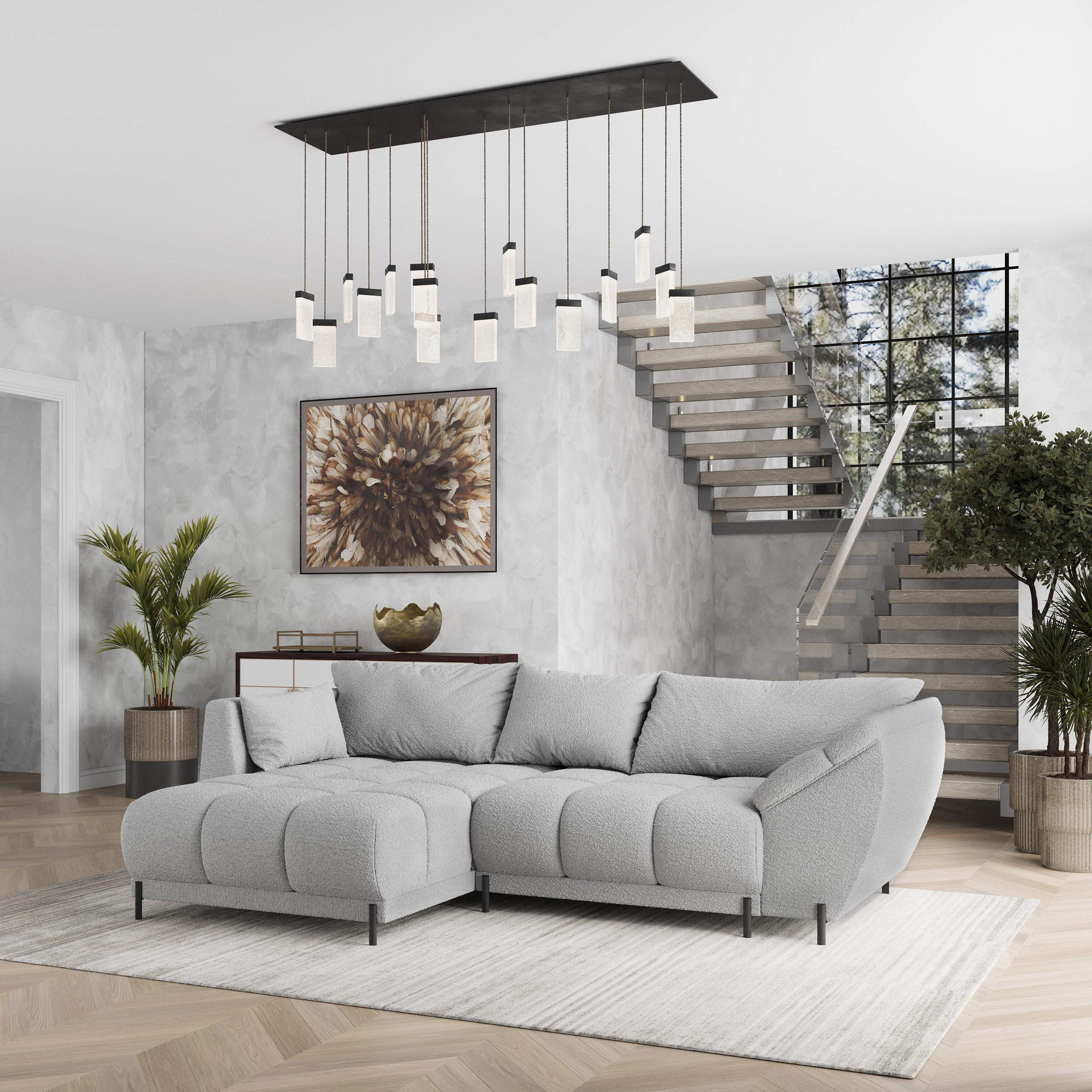 ECKSOFA VESTANO L-S Hellgrau Boucle-Stoff mit Schlaffunktion - Hellgrau, Holz (287/182cm) - MASSENO