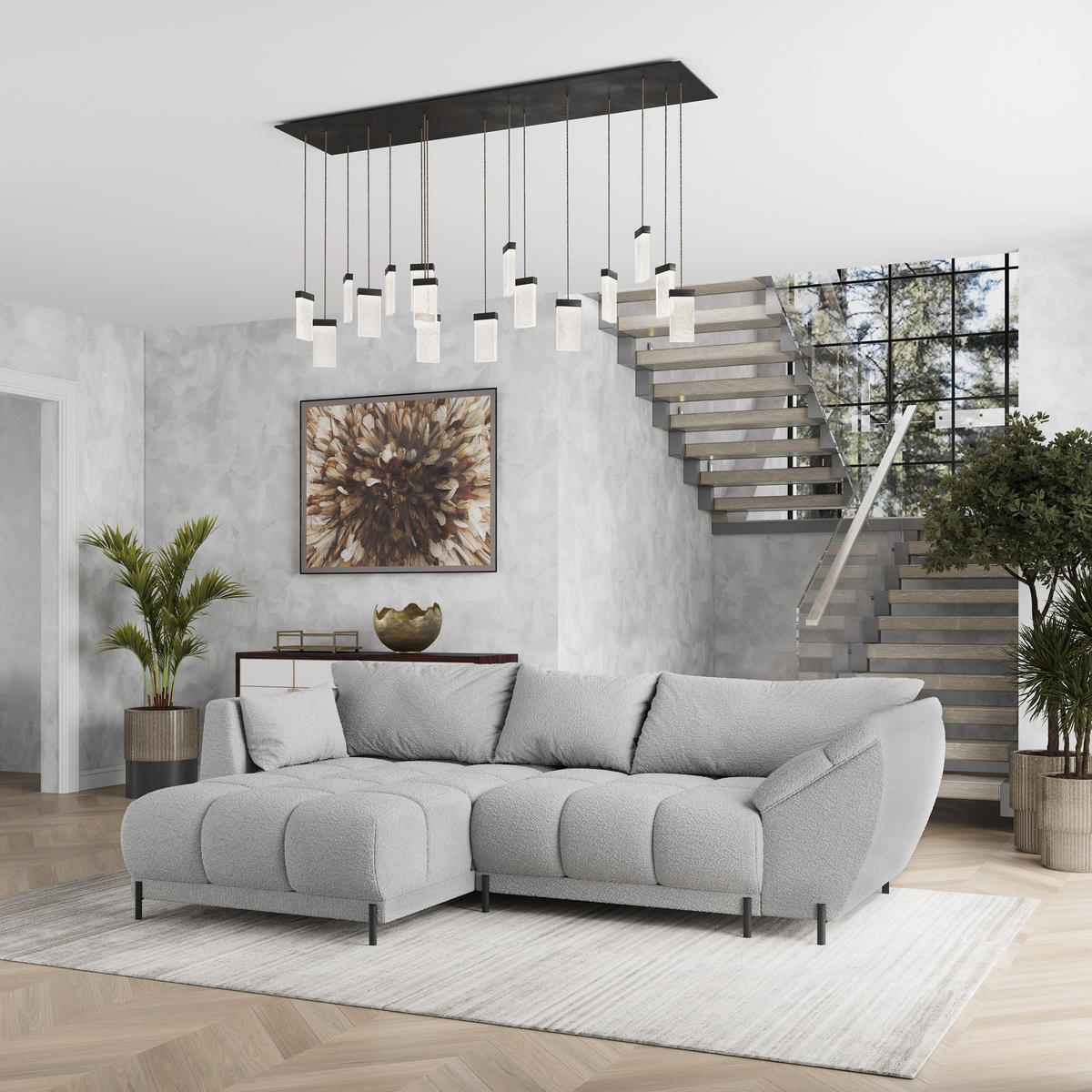 ECKSOFA VESTANO L-S Hellgrau Boucle-Stoff mit Schlaffunktion - Hellgrau, Holz (287/182cm) - MASSENO