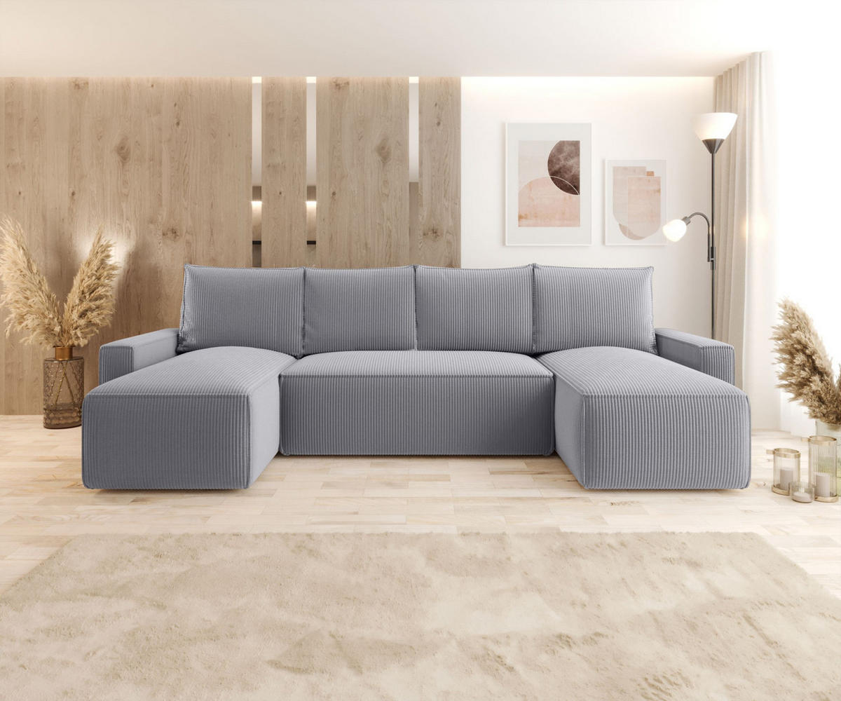 WOHNLANDSCHAFT mit Schlaffunktion SAVIO U Poso 55 - Grau, Textil (300/75/140cm) - Bedante