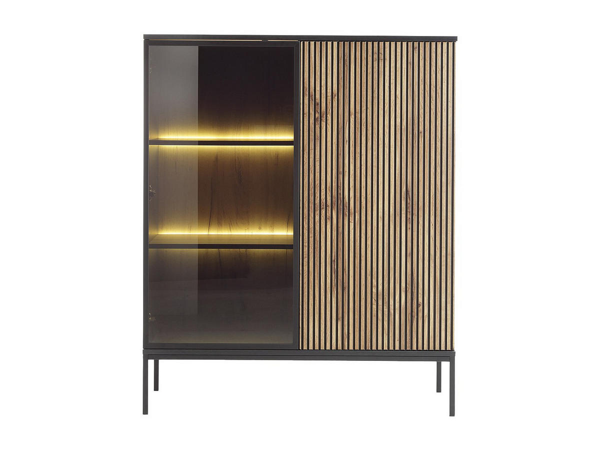 VITRINENSCHRANK - 2 Türen - mit LED-Beleuchtung - MDF & Rauchglas - Schwarz & Holzfarben - OVILA - Schwarz, Glas (103.5/125.5/39cm) - Vente-Unique