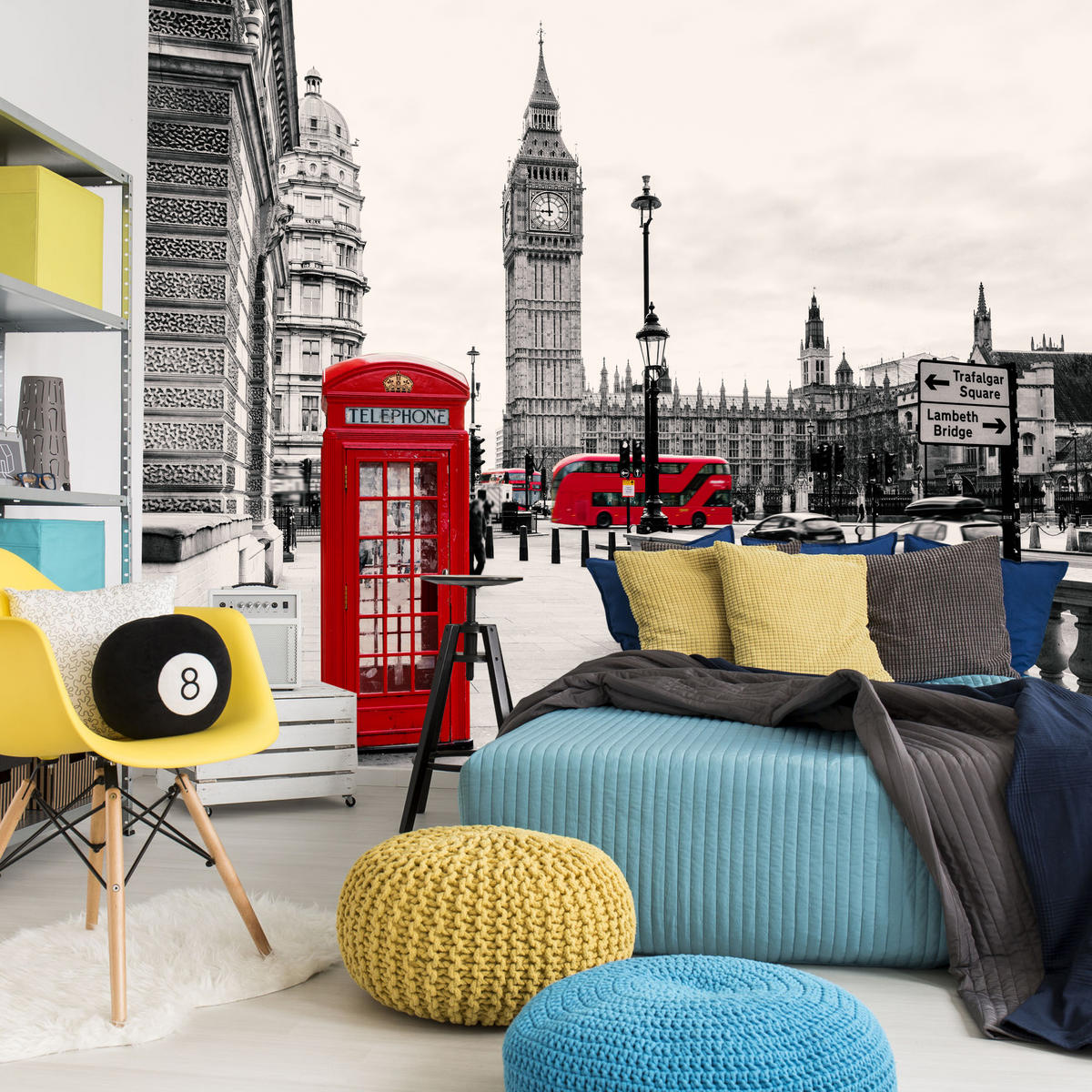 FOTOTAPETE für Wohnzimmer Rote Telefonzelle London BIG BEN Bus 400x280 - Beige/Rot, Papier (400/280cm) - Muralo