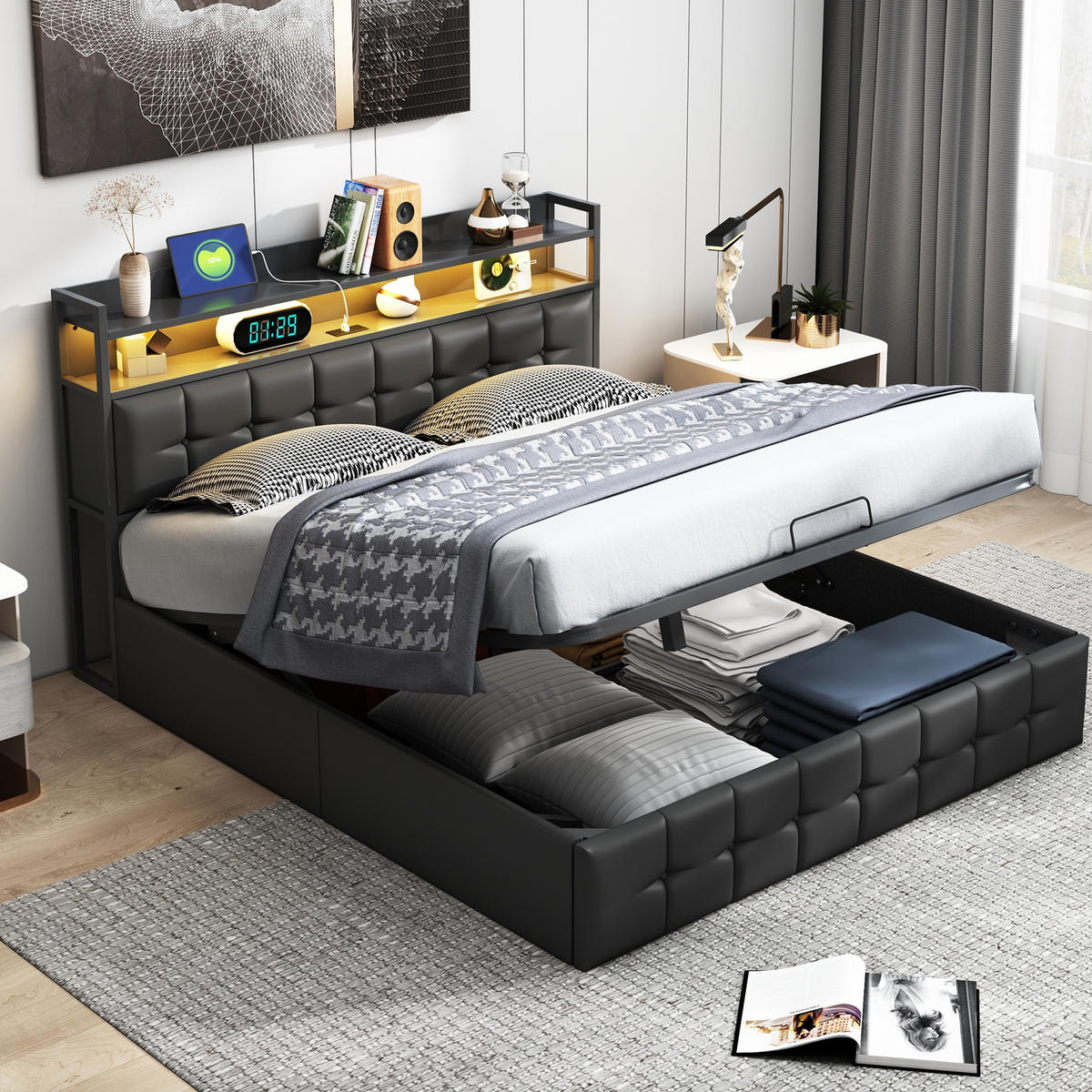 POLSTERBETT mit Bettkasten, 140/190 cm, mit LED, USB, und hydraulischem Stauraum, Lattenrost, Grey - Grau, Holzwerkstoff (140/190cm) - Brevoria