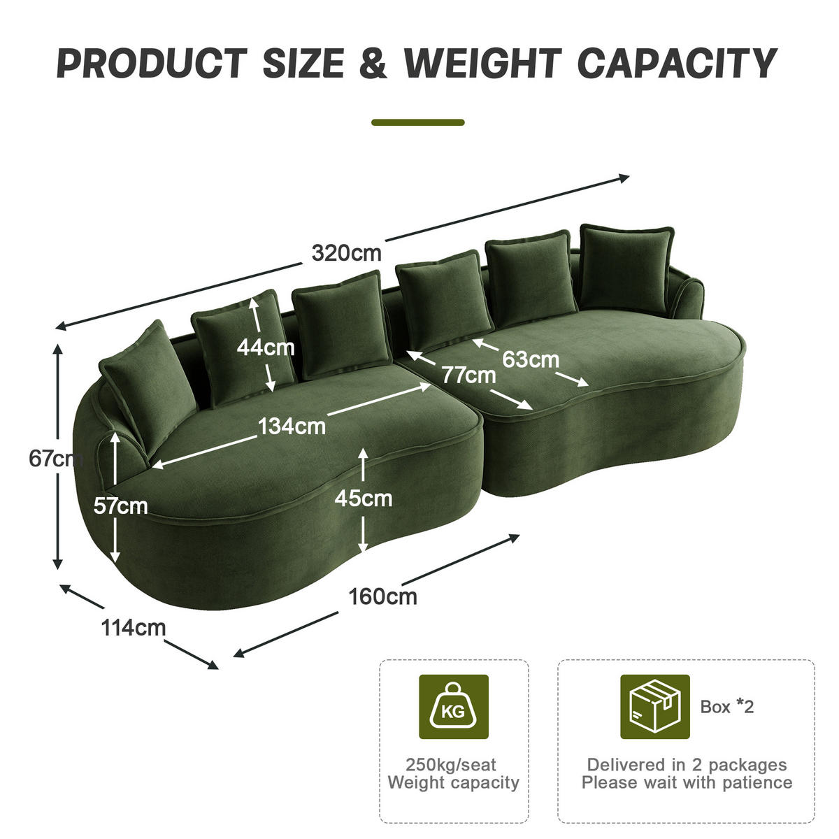 4-SITZER Sofa 320x114x67 cm aus Chenille-Stoff rahmenlos ohne Montage, grün - Grün, Textil (114/67/320cm)