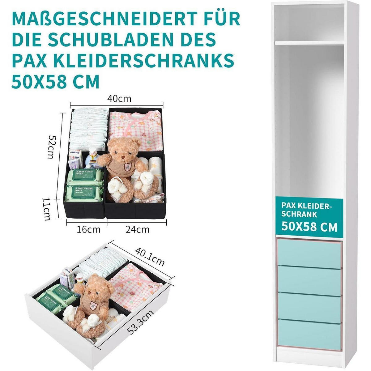 SCHUBLADEN Organizer 4er Set Schwarz für PAX Kleiderschrank 50x58 cm - Schwarz, Textil (28/12/28cm)