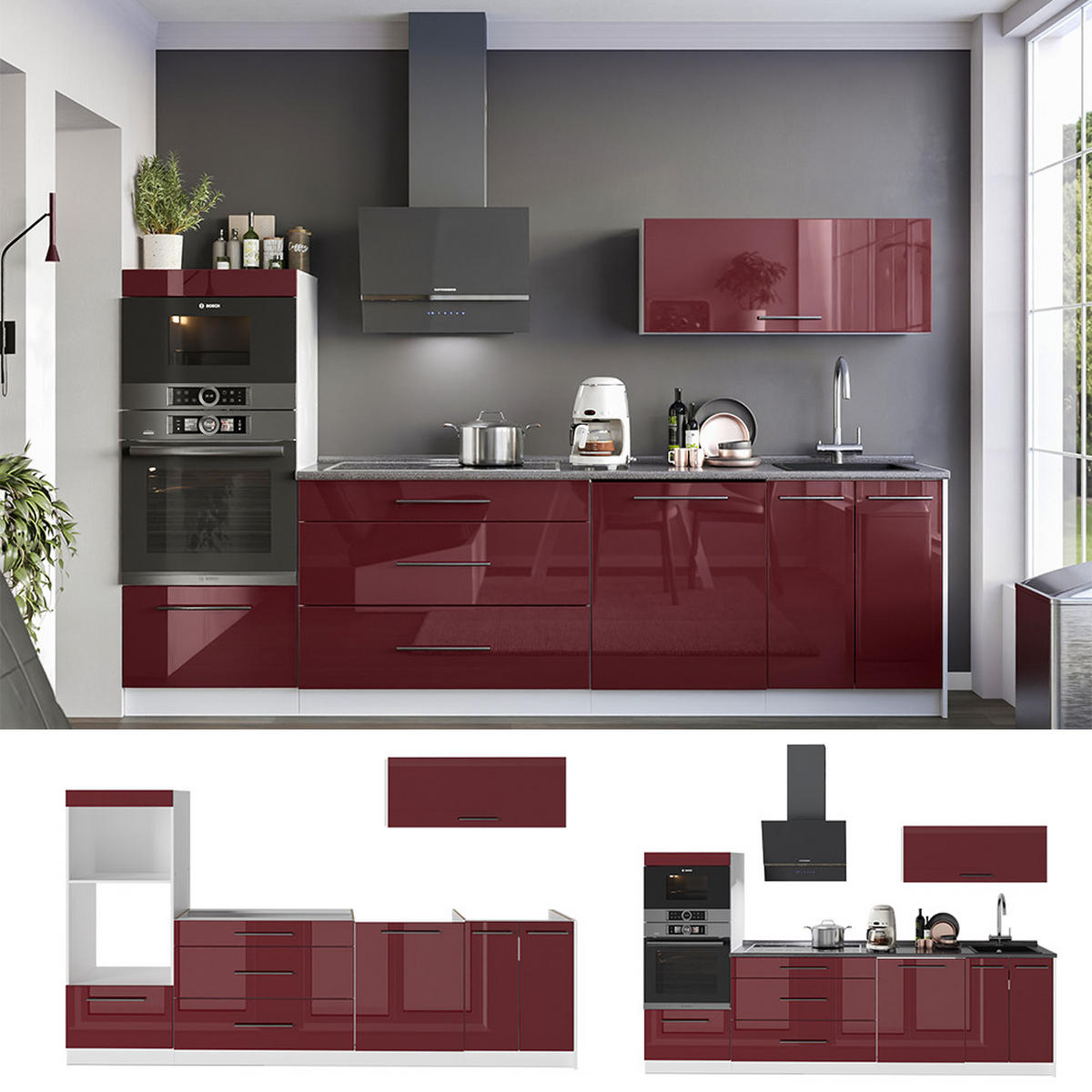 KUCHYNKA Fame-Line, Bordeaux vysoký lesk/biely, 280 cm, AP Marble - biela/bordová, kompozitné drevo (280/153.6/60cm) - Vicco