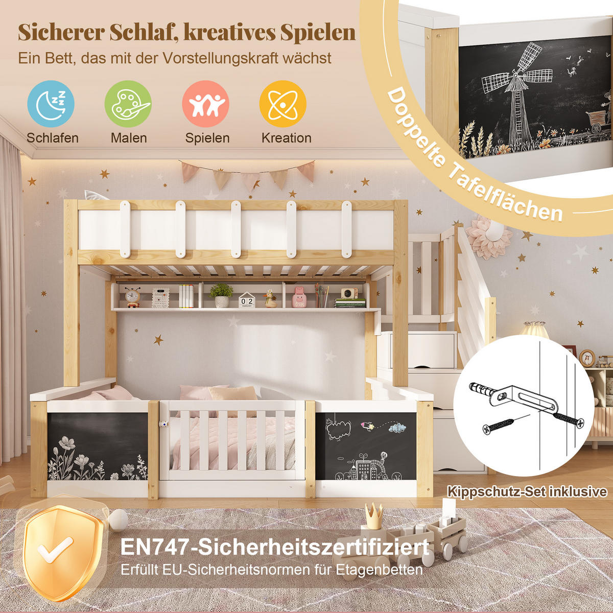 ETAGENBETT 90/140/200 cm mit Treppenschrank und Kreidetafel, DE-41558, in Weiß - Weiß, Holzwerkstoff (140/200cm) - ComfortXL
