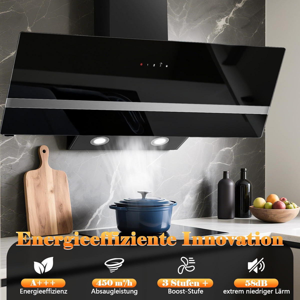 DUNSTABZUGSHAUBE Schwarz mit LED-Beleuchtung, Aktivkohlefilter, Filter - Schwarz, Metall (35.1/44.5/95.4cm) - Korfee