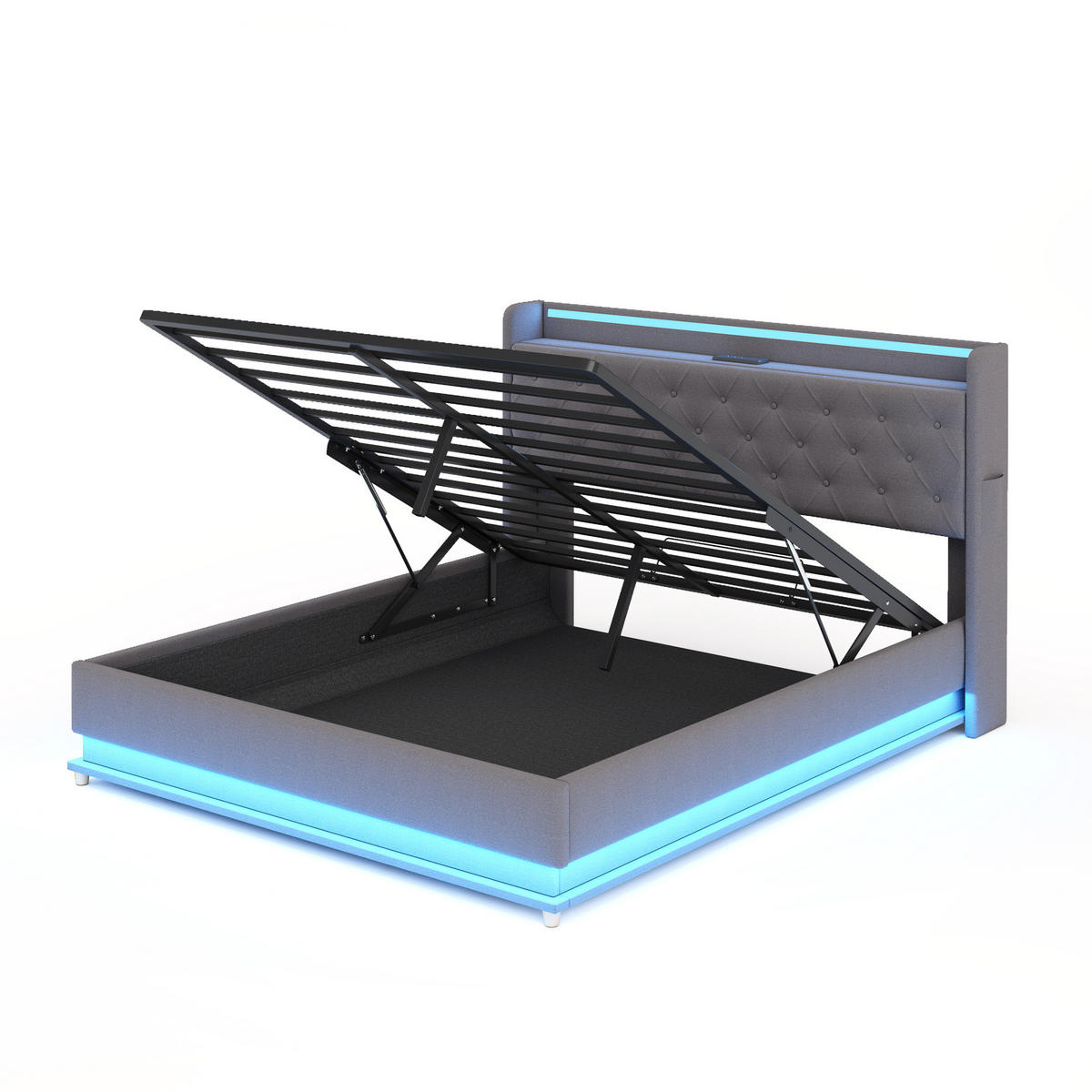 POLSTERBETT mit LED-Beleuchtung 140/200 cm mit USB-Anschluss und Bettkasten - Grau, Textil (140/200cm) - BEAOK