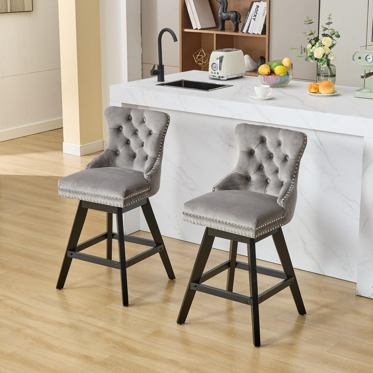 BARHOCKER DE-36337 2er-Set mit 360°-Drehung und Knopfsteppung Grau - Grau, Holz (44.5/97.5/55cm) - ComfortXL