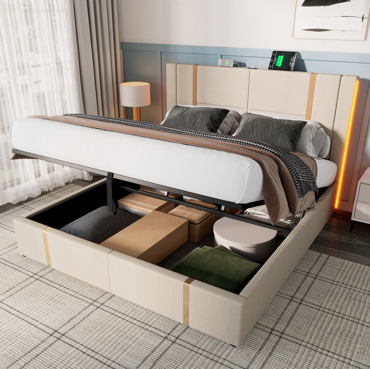 POLSTERBETT 160/200 cm Beige mit Stauraum, LED und USB- und Type-C-Anschlüssen - Beige, Textil (160/200cm) - Flora Grace