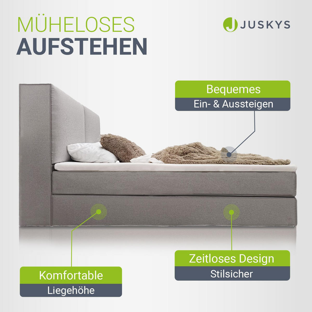 BOXBETT Detroit 180x200 cm Stoff Grau - Grau, Textil (180/200cm) - Juskys