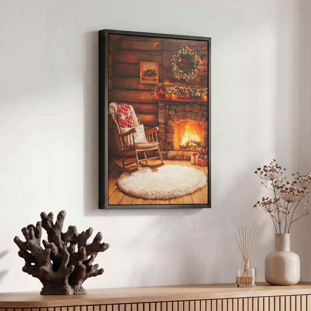 LEINWAND Bilder mit Rahmen - Winter - Weihnachten - Zuhause - Kamin - 30x40 - Bernsteinfarben, Textil (30/40cm) - MuchoWow