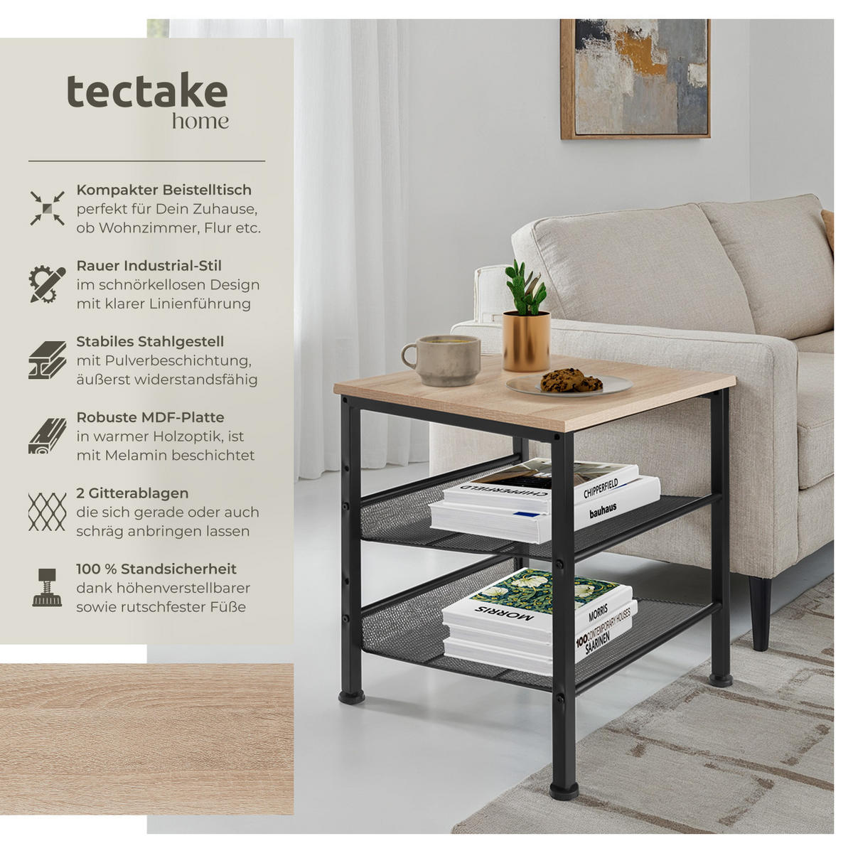 BEISTELLTISCH Lincoln,40,5 x 40 x 50,5 cm,Industrial Holz hell, Eiche Sonoma - Naturfarben, Holz (40.5/40/50.5cm) - tectake