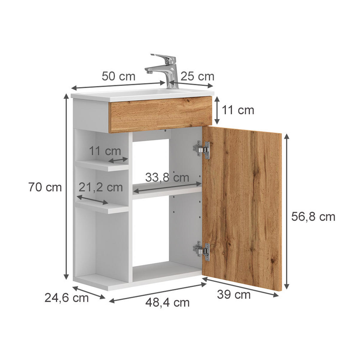 BADMÖBEL-SET Amadeo Goldkraft Eiche 2 Teile, mit Waschbecken - Honigeiche, Holzwerkstoff (50/70/25cm) - Vicco