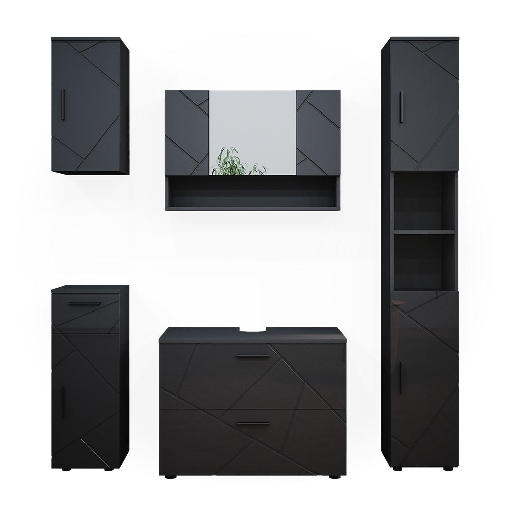 BADMÖBEL-SET Irma Anthrazit Hochglanz 5 Teile - Anthrazit, Holzwerkstoff (80/58.6/41cm) - Vicco