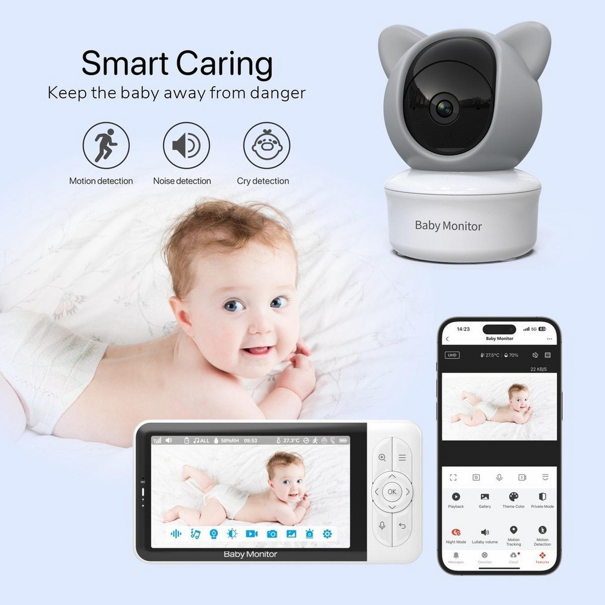 BABYPHONE, 5 Zoll HD Display，EU-Stecker - Weiß, Kunststoff - Authentics