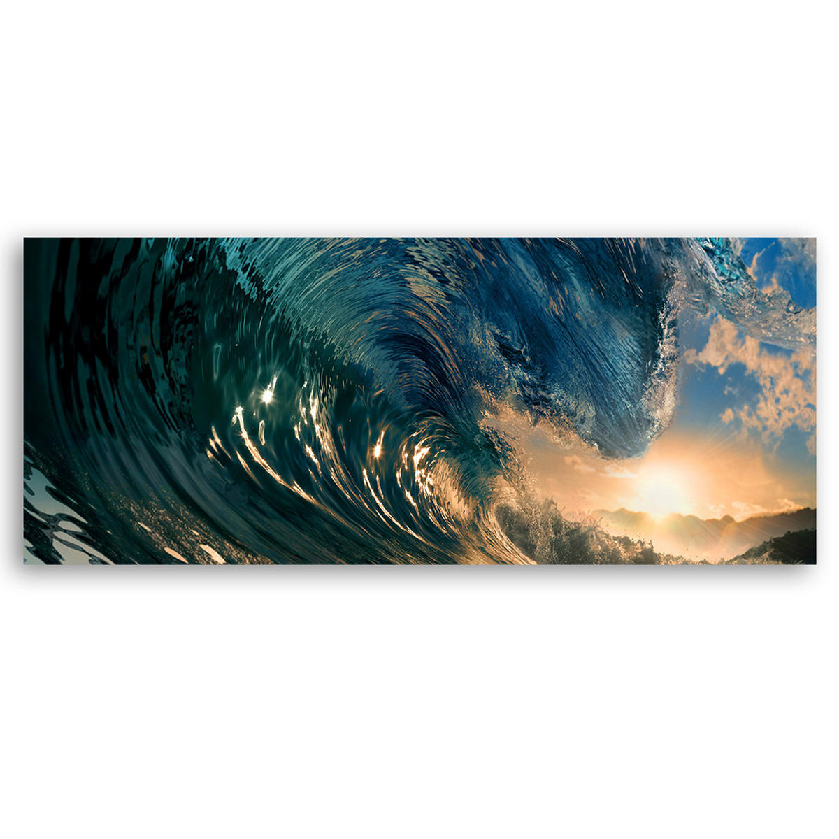 WANDBILD meereswelle und sonnenuntergang - Blau, Textil (90/30cm) - Feeby