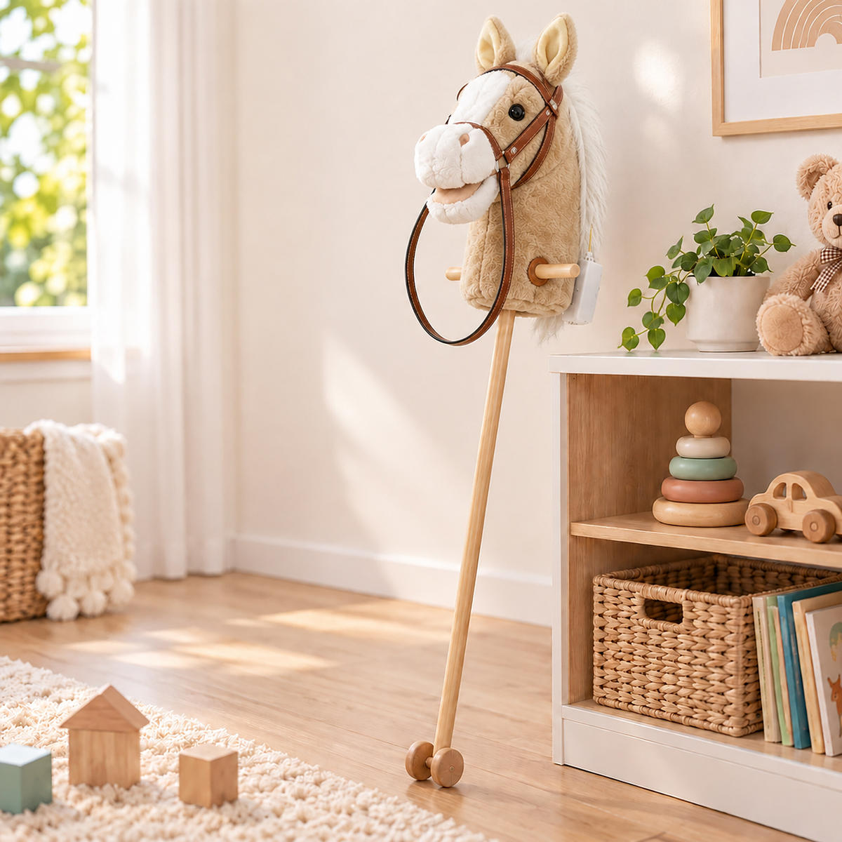 STECKENPFERD Hellbraun mit Sound Plüschkopf 95 cm - Hellbraun, Holz/Kunststoff (20/95/20cm) - Relaxdays