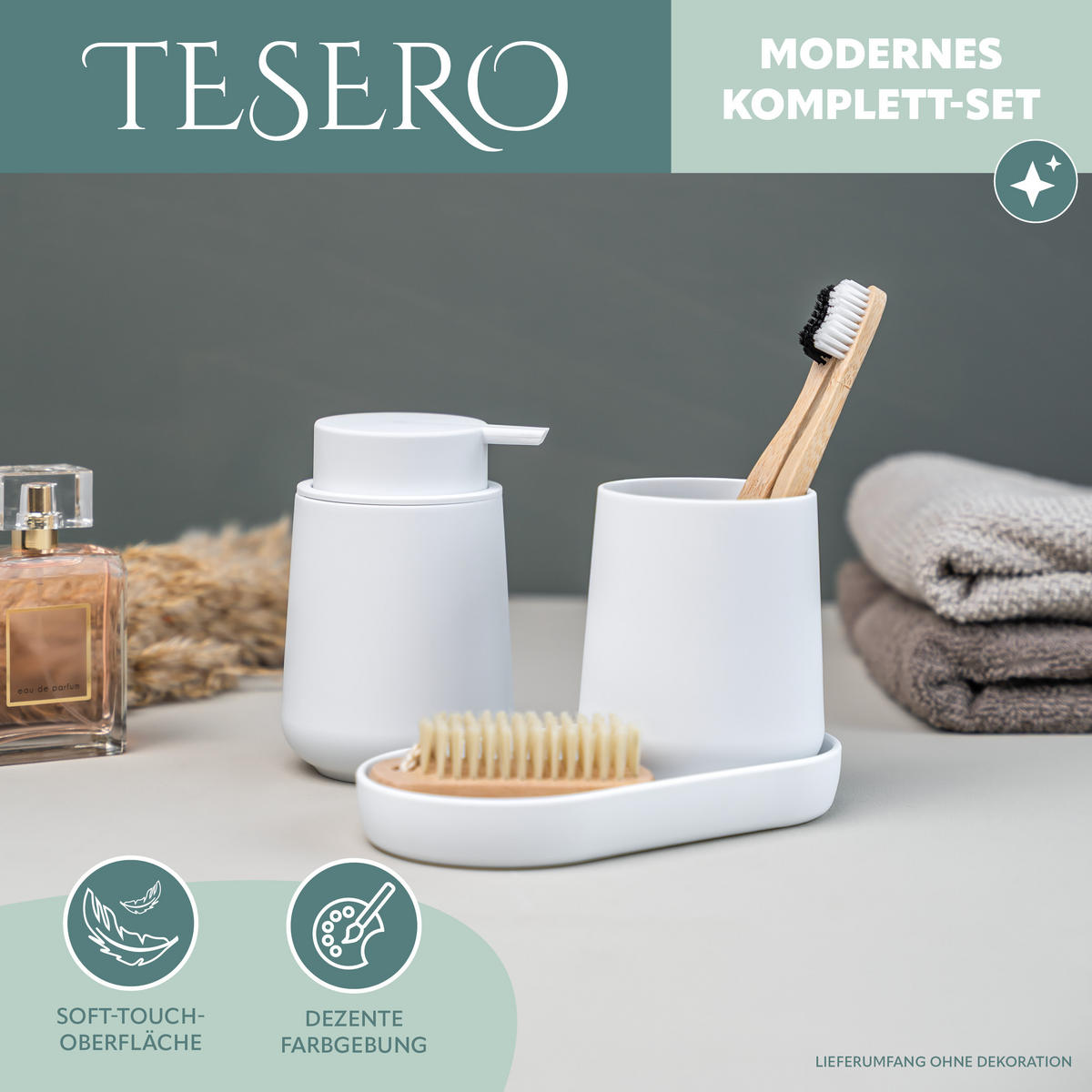 BAD-ACCESSOIRES-SET TESERO, Soft-Touch, weiß - Weiß, Kunststoff (18.5/13.5/10cm) - eluno