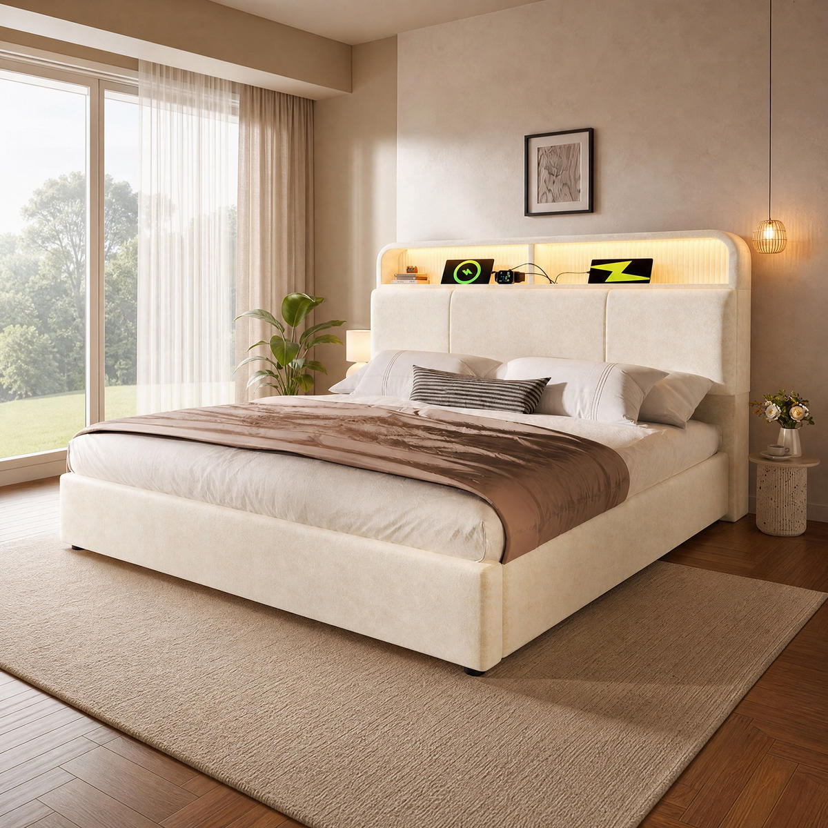 POLSTERBETT 160/200 cm in Beige mit Bettkasten, LED, USB und Type-C Samt mit höhenverstellbarem Kopfteil - Beige, Holzwerkstoff/Textil (160/200cm) - STILVORA