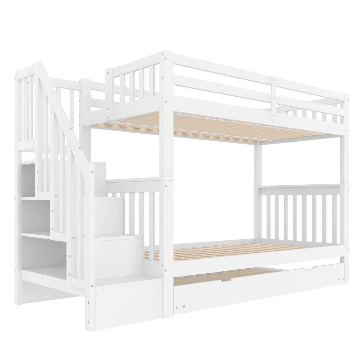 ETAGENBETT 90/200 cm in Weiß mit Rollbett, Treppenregal und hoher Absturzsicherung - Weiß, Holzwerkstoff (90/200cm) - Flora Grace