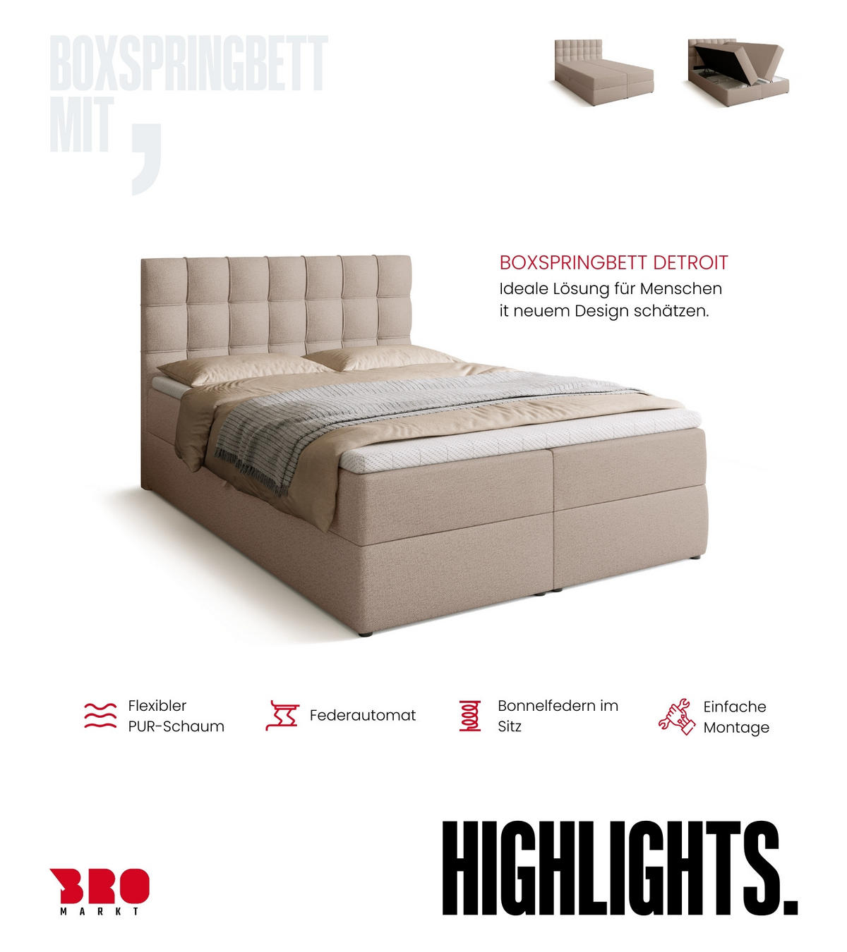 BOXBETT Detroit mit Topper 140/200 Beige - Creme, Textil (140/200cm) - Bromarkt