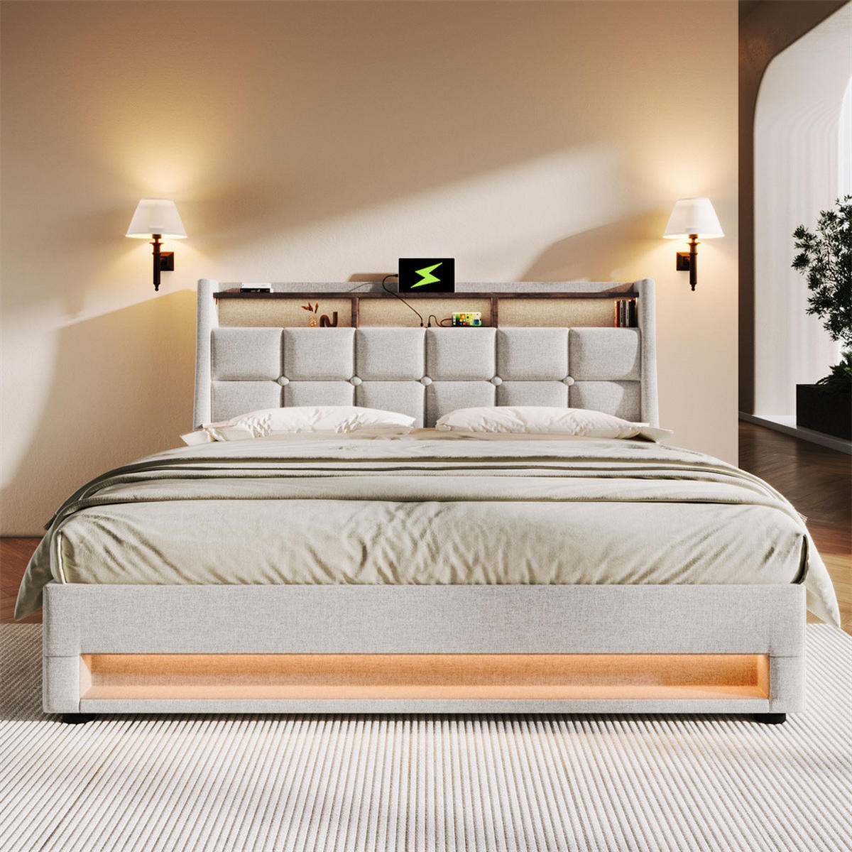 POLSTERBETT 140/200 cm in Linen mit USB - Beige, Holz/Textil (140/200cm) - KOMHTOM