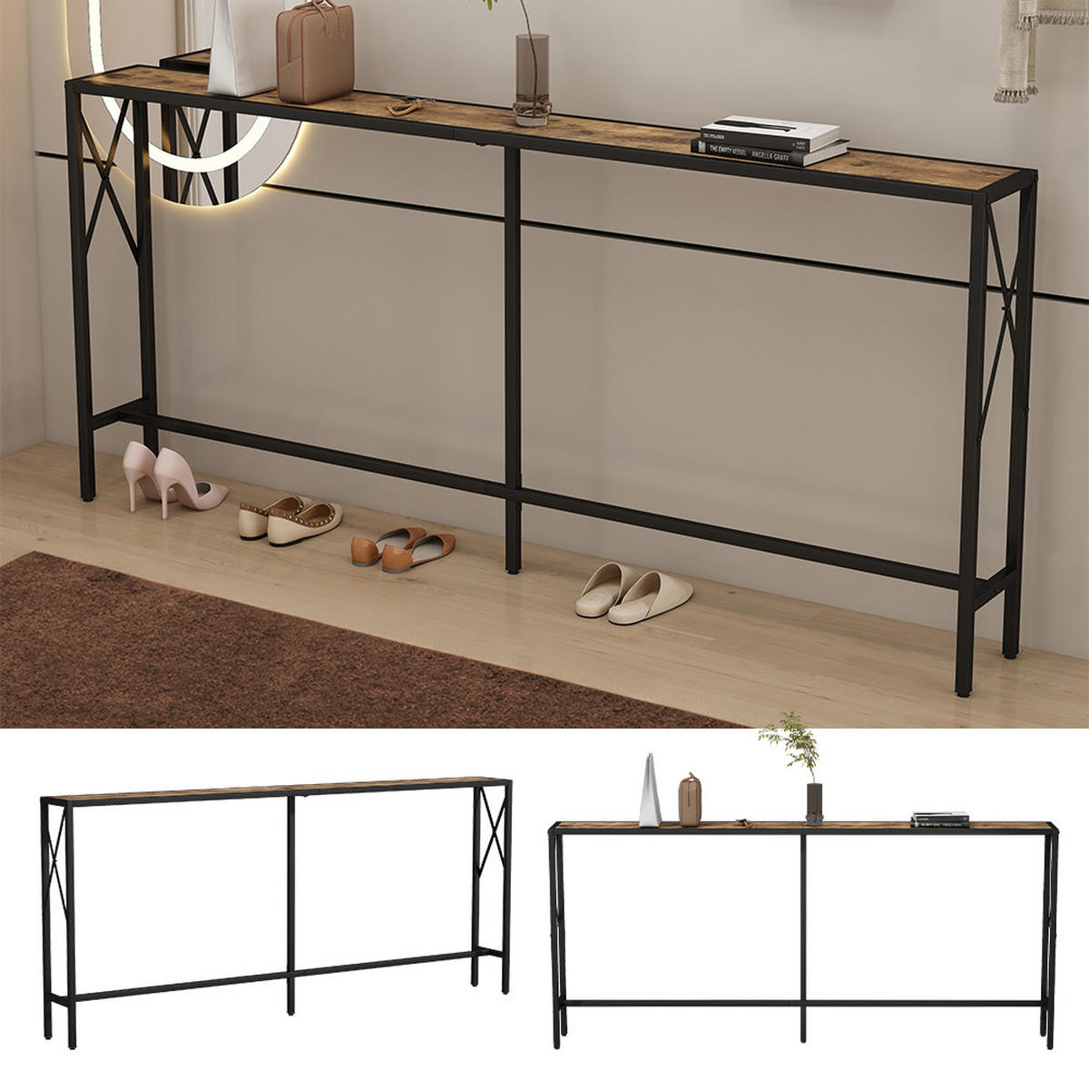 KONSOLENTISCH Lima Eiche rustikal 174 x 77 cm - Wildeiche/Schwarz, Holzwerkstoff (20/174/77cm) - Vicco