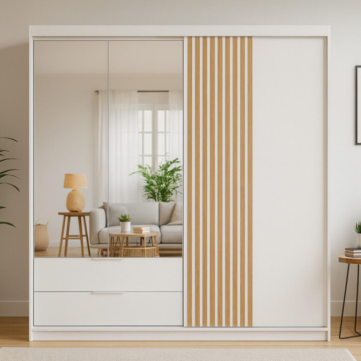 DREHTÜRENSCHRANK Madero mit Spiegel und 2 Schubladen, 203 cm, Weiß - Weiß, Holzwerkstoff (203/213/60cm) - Beautysofa