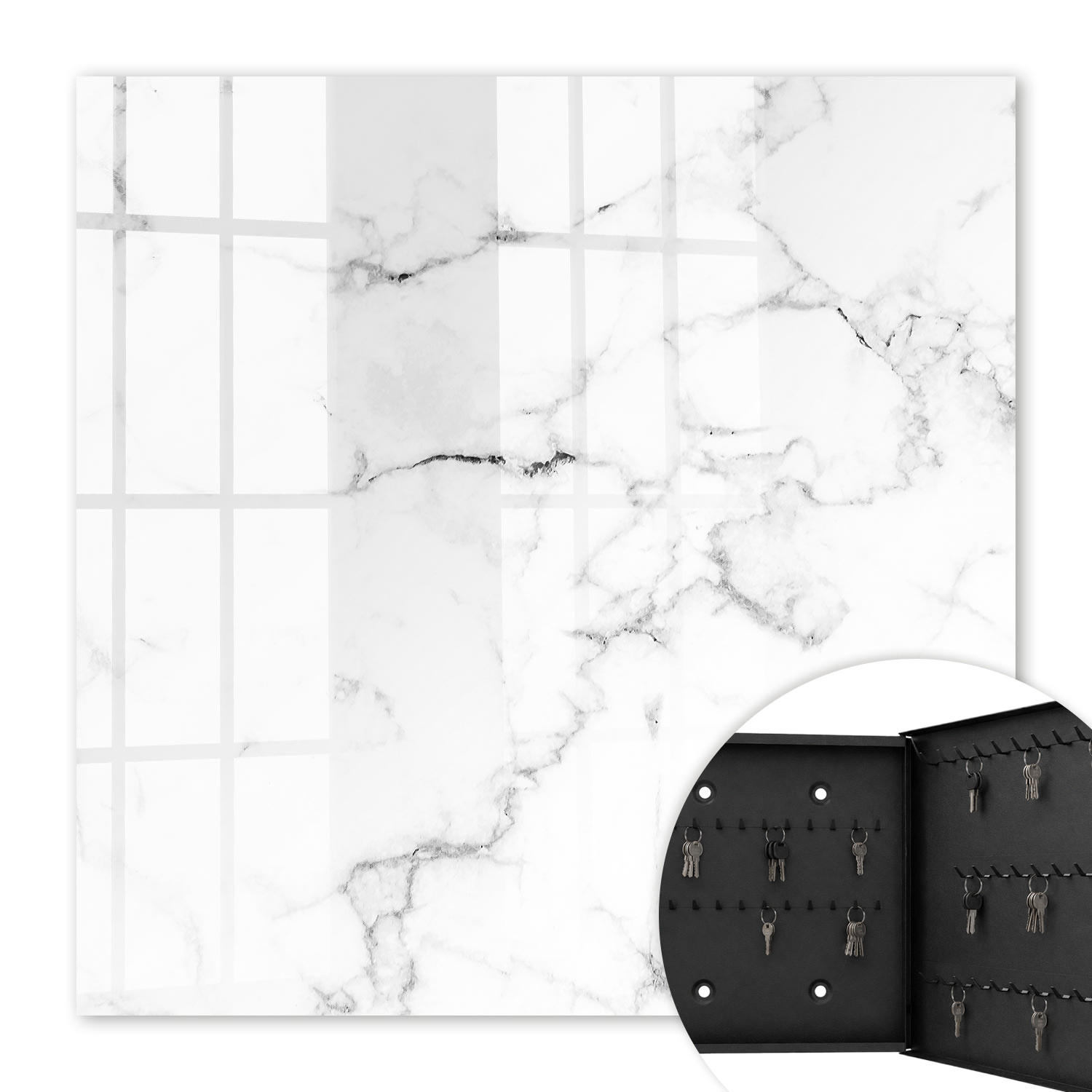 SCHLÜSSELBOX Schwarz 30x30 cm- Türöffnung nach rechts - Marmormuster - Weiß, Metall (30/30/5cm) - TULUP