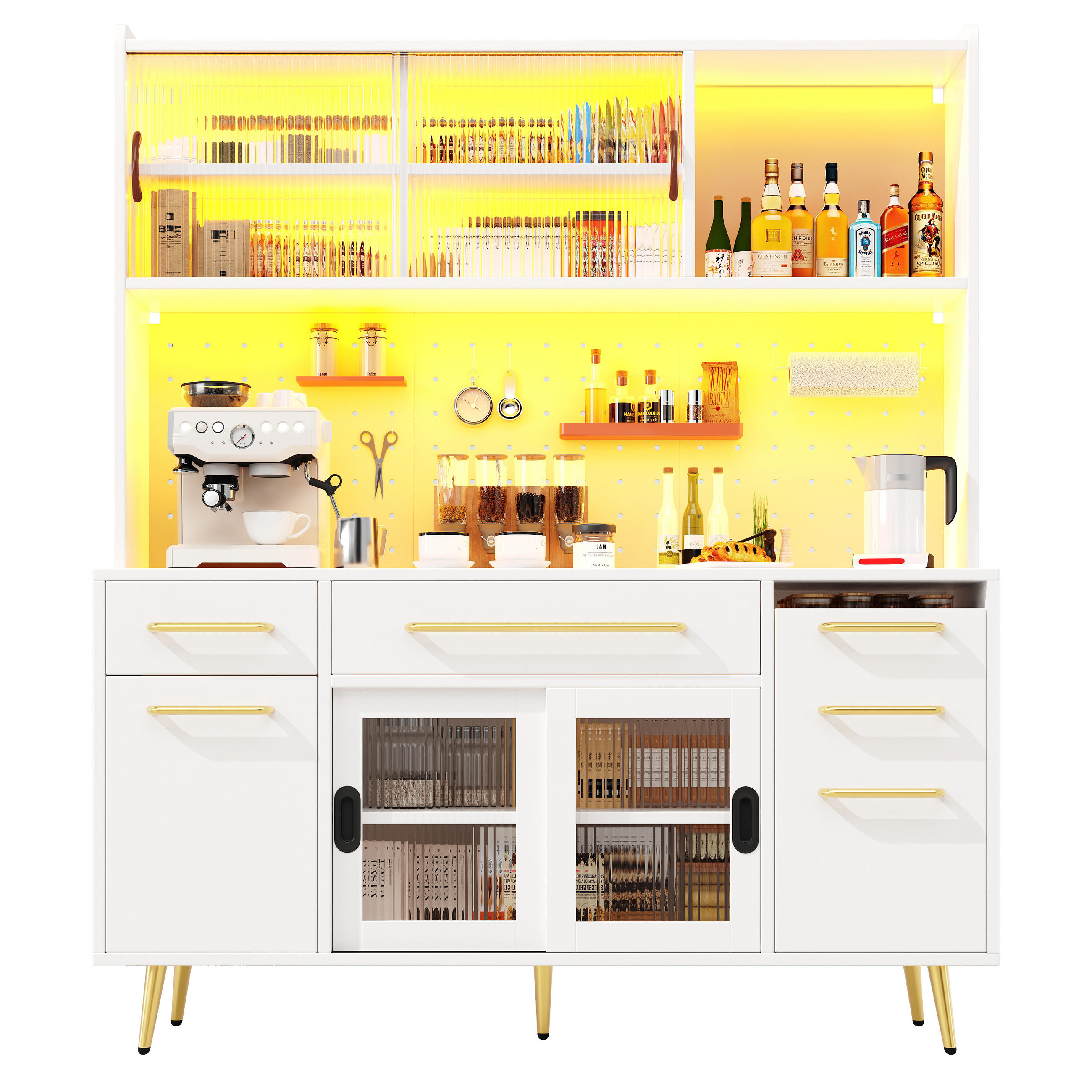 KÜCHENSCHRANK LED Lochwand Glastür Schublade Weiß - Weiß, Glas (145/171/39cm) - FLIEKS