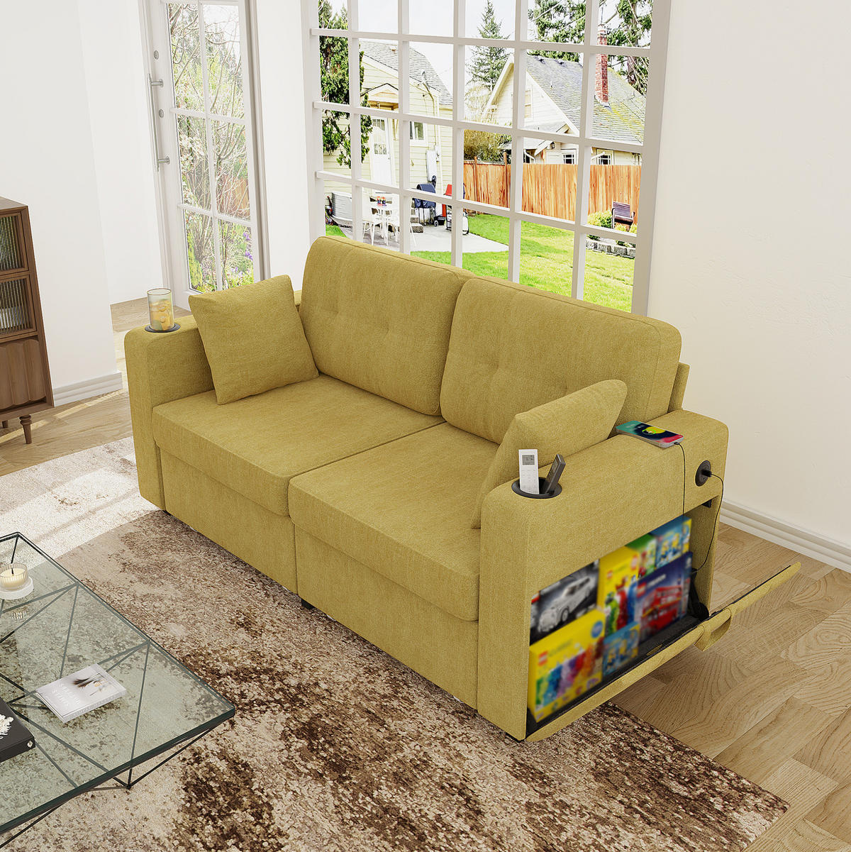 SOFA 2-Sitzer mit USB und Stauraumschubladen 172 x 75 x 82 cm Chenille - Gelb, Holzwerkstoff (172/82/75cm) - Meubliv