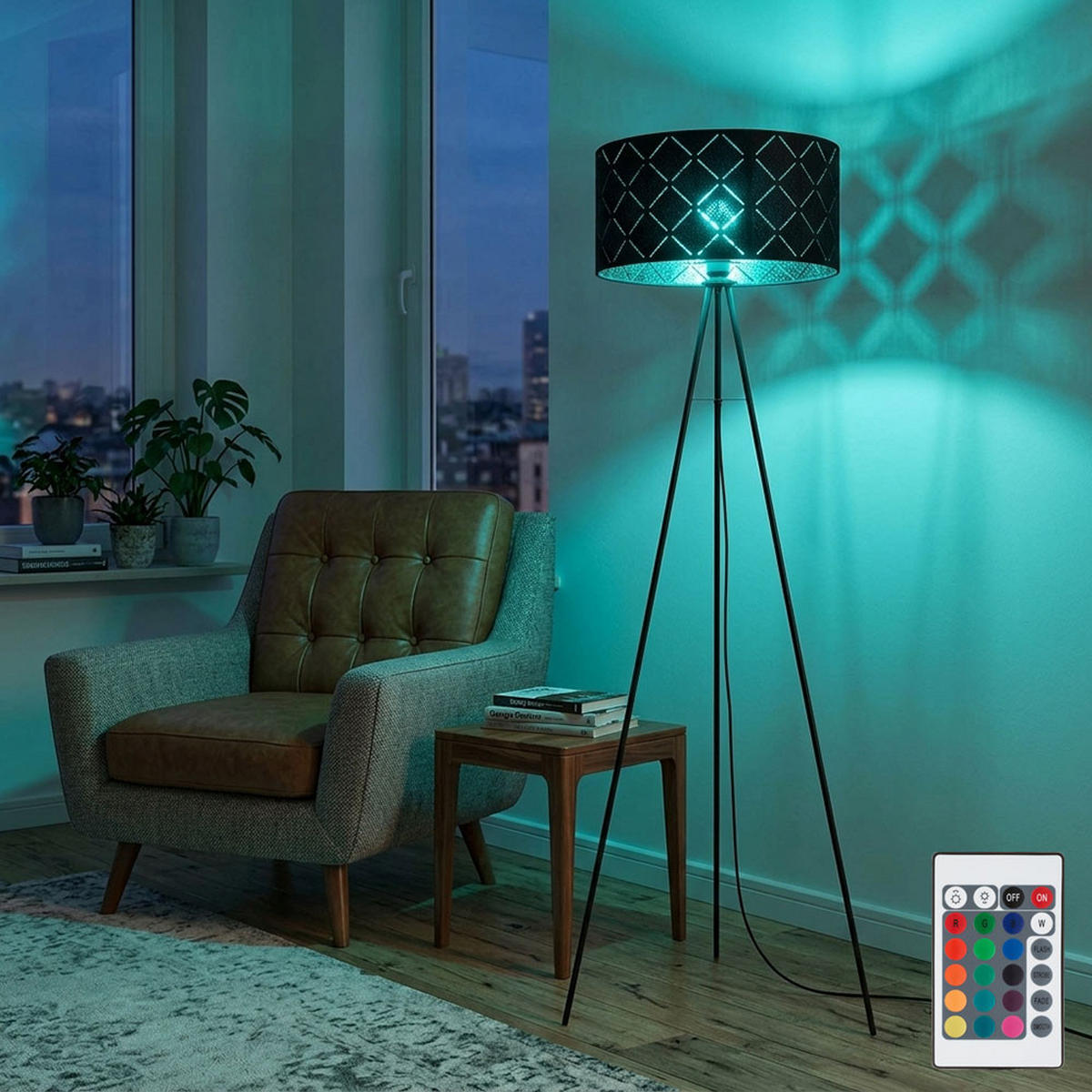 LED STEHLEUCHTE SUNNA Schwarz Metall Textil - Schwarz, Metall (69/69/149cm) - Globo Lighting