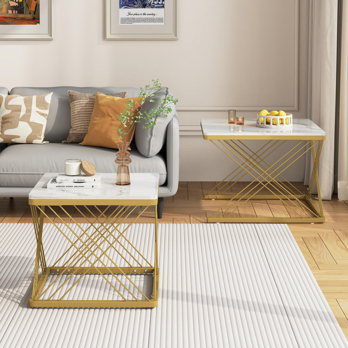 COUCHTISCH Set 2-tlg Quadratisch Hochglanz Marmoroptik Höhenverstellbar 30kg - Weiß, Holz (81.99/70/17.5cm) - FLIEKS